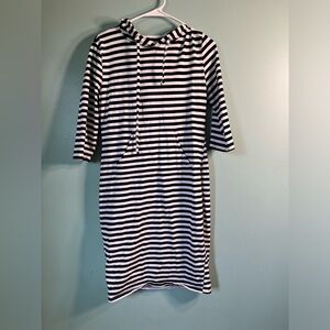 Black and white striped, women’s ,hooded dress, front pocket and 3/4 sleeves.